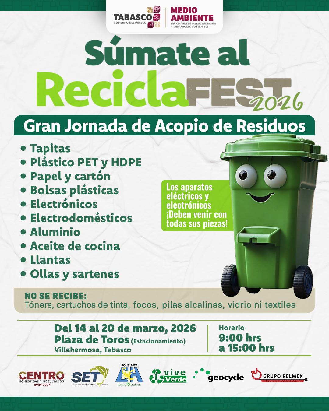 La SEMADES puso en marcha la jornada estatal de acopio de residuos que se realiza del 14 al 20 de marzo con la participación de los ayuntamientos; en Villahermosa el centro de recolección se ubica en el estacionamiento de la Plaza de Toros