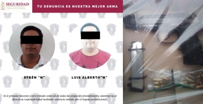 Policías de Jalpa de Méndez aseguraron a dos masculinos por portación de arma de fuego, así como el vehículo en que se transportaban.